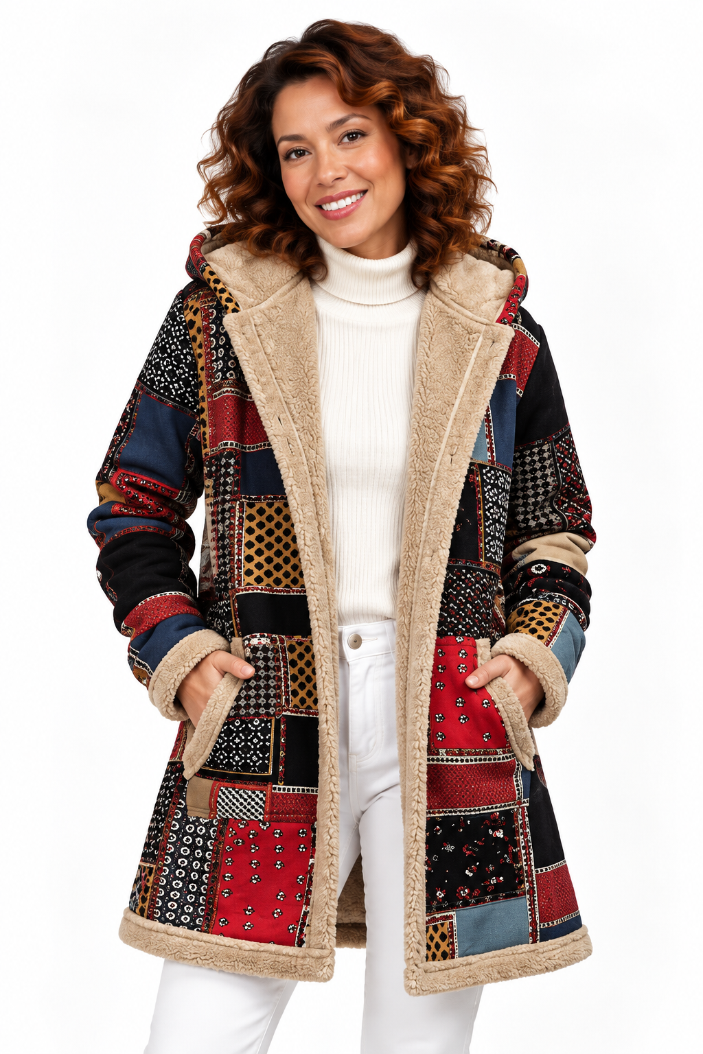 Sophie – Elegante Jas met Patchworkprint en Teddyvoering
