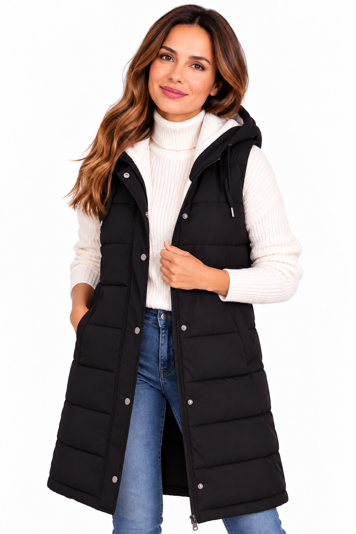 Fenna – Lange Gewatteerde Bodywarmer met Capuchon
