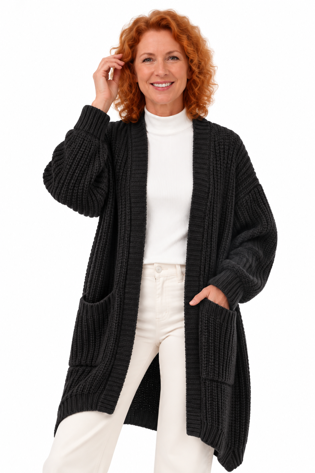 Femke – Lang Gebreid Vest met Zakken