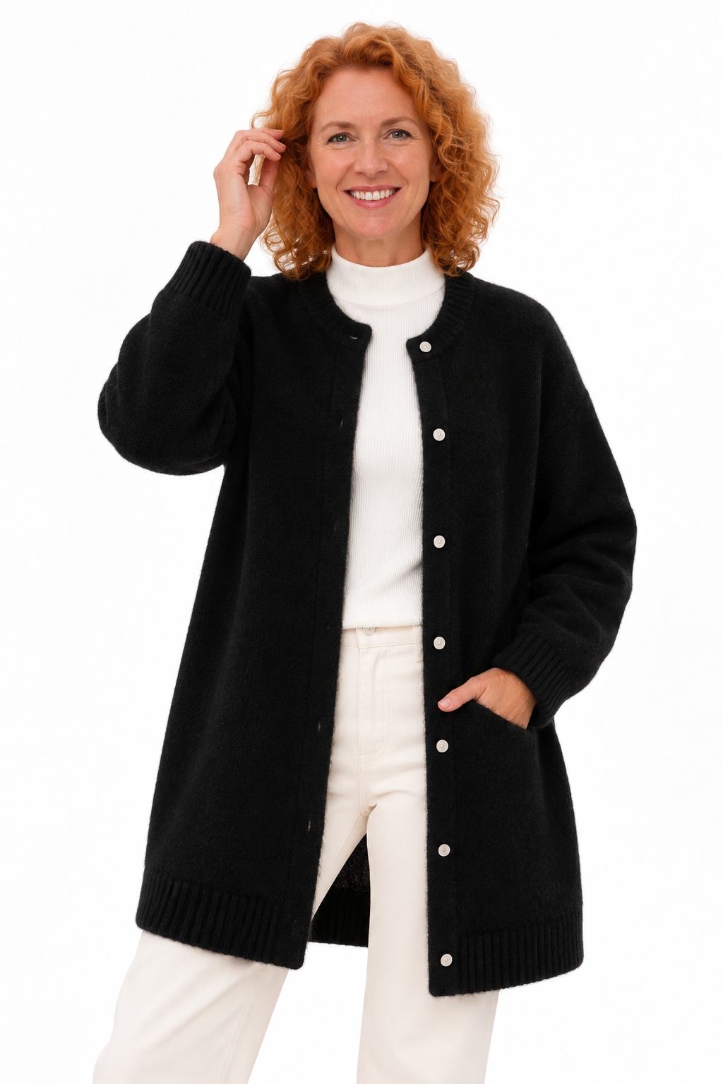 Femke – Lang Zacht Gebreid Vest met Knopen