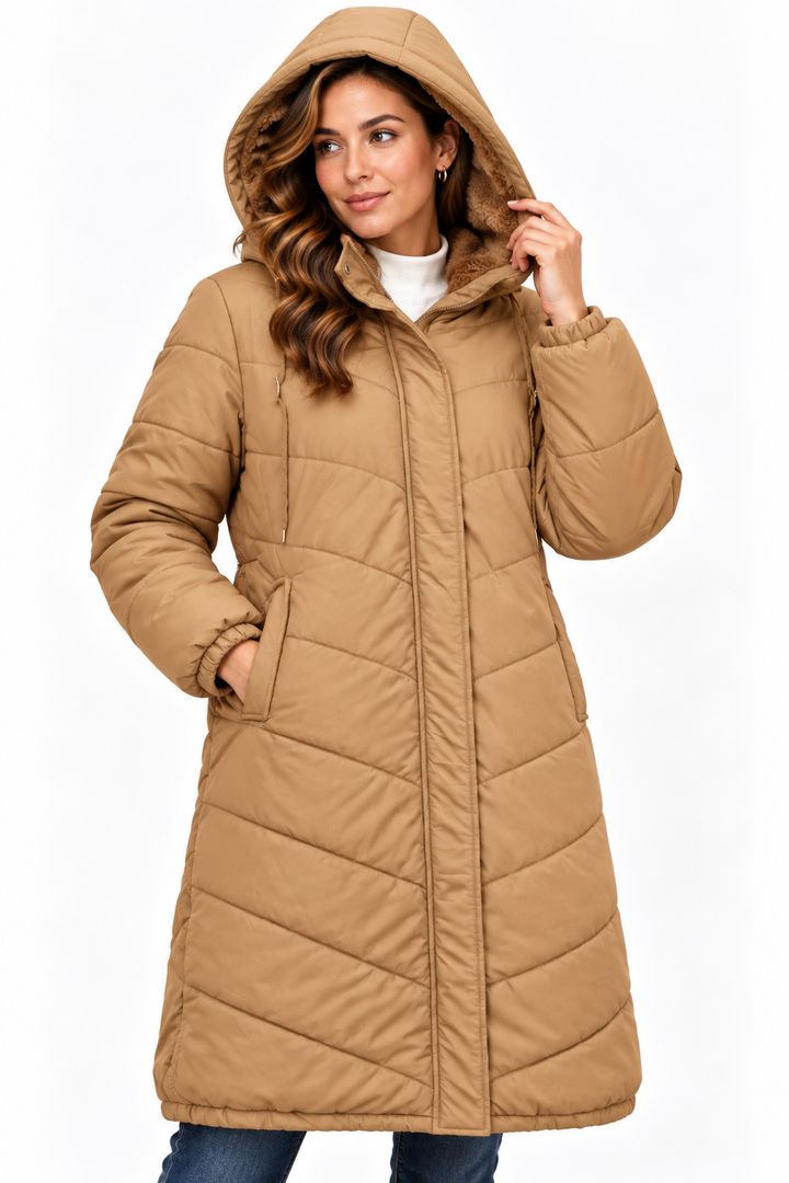 Sophie – Lange Gewatteerde Winterjas met Capuchon