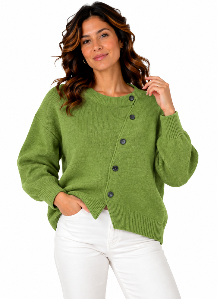 Femke – Gebreid Vest met Asymmetrische Knopen