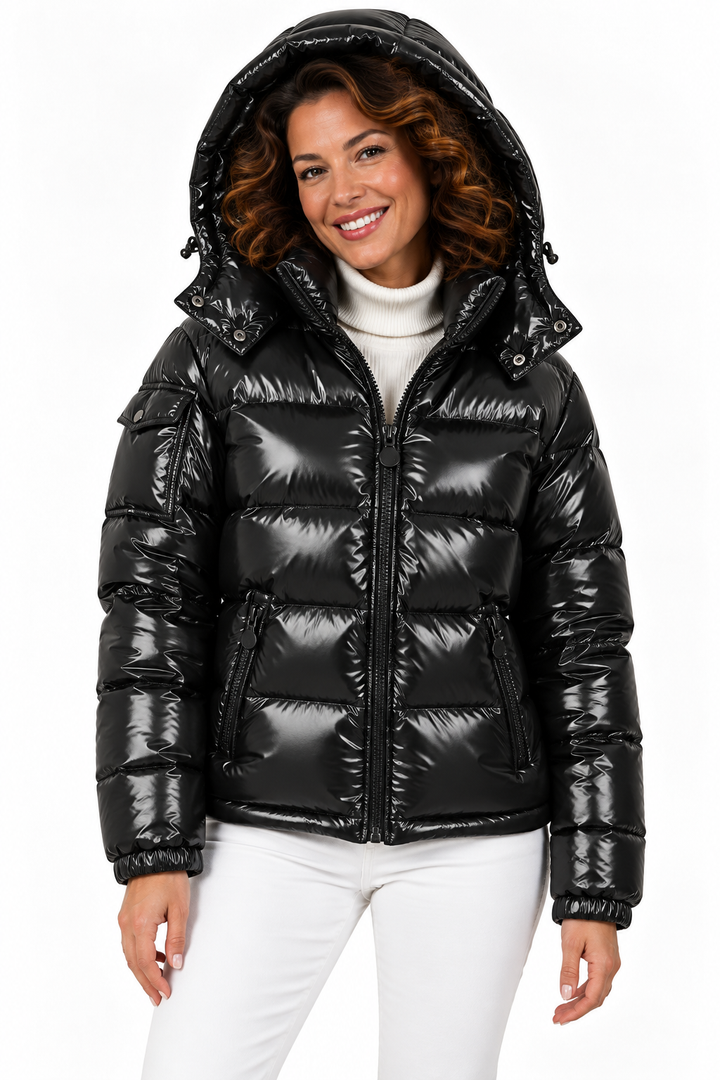 Sophie – Glanzende Gewatteerde Winterjas met Capuchon