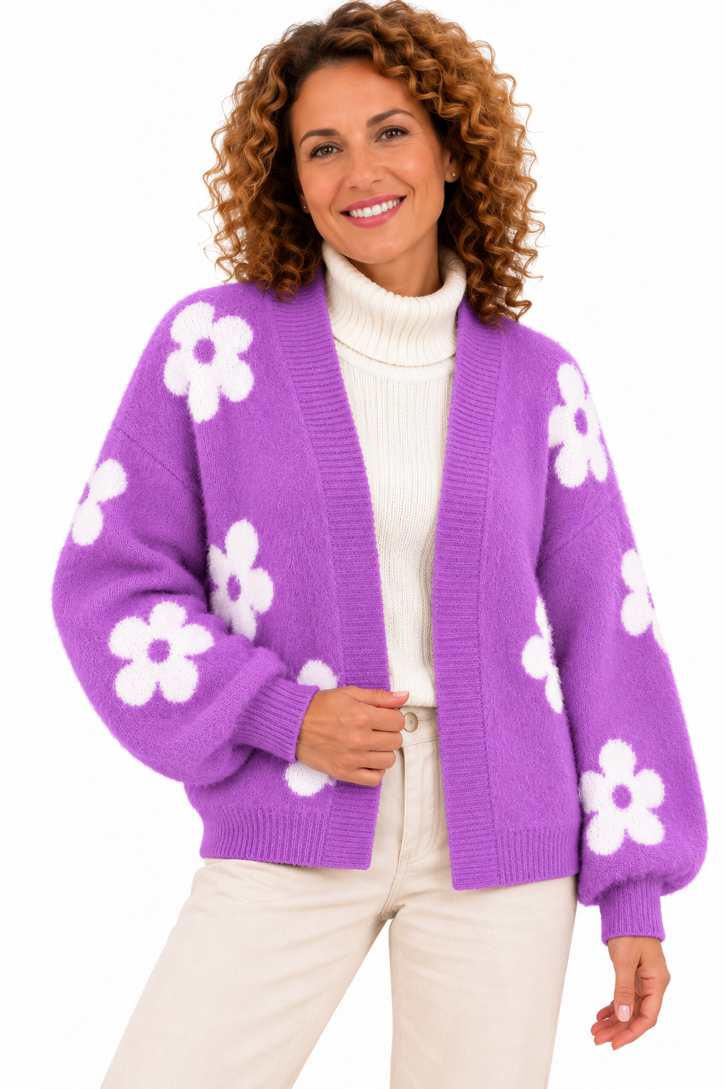 Femke – Zacht Gebreid Vest met Bloemenpatroon