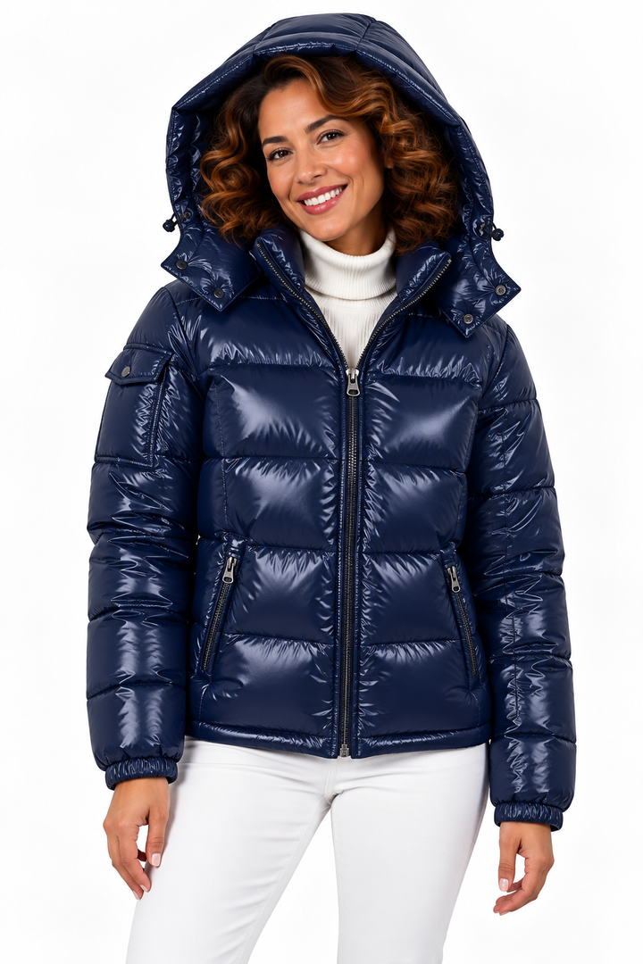 Sophie – Glanzende Gewatteerde Winterjas met Capuchon