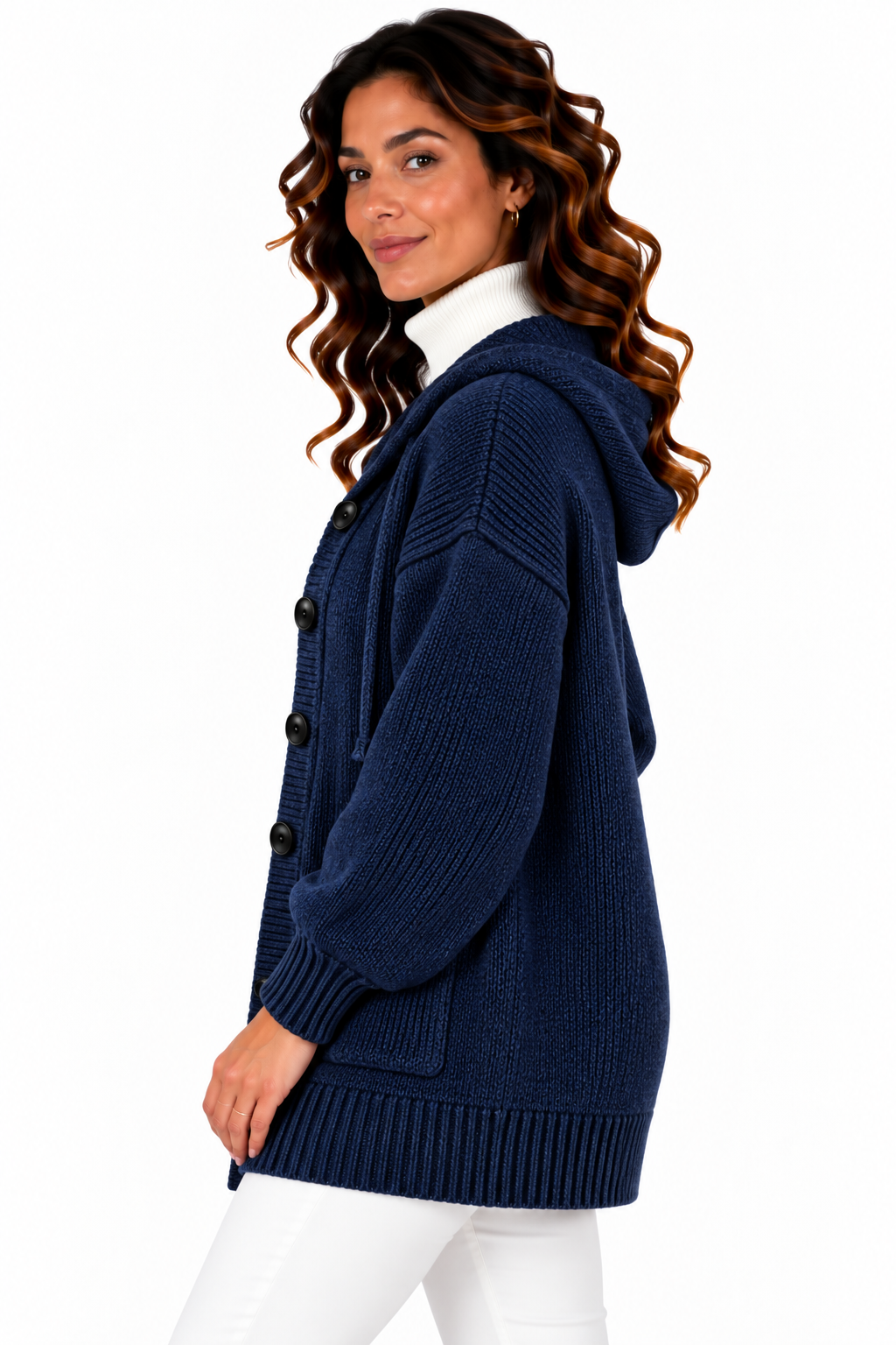Femke – Lang Gebreid Vest met Capuchon en Knopen