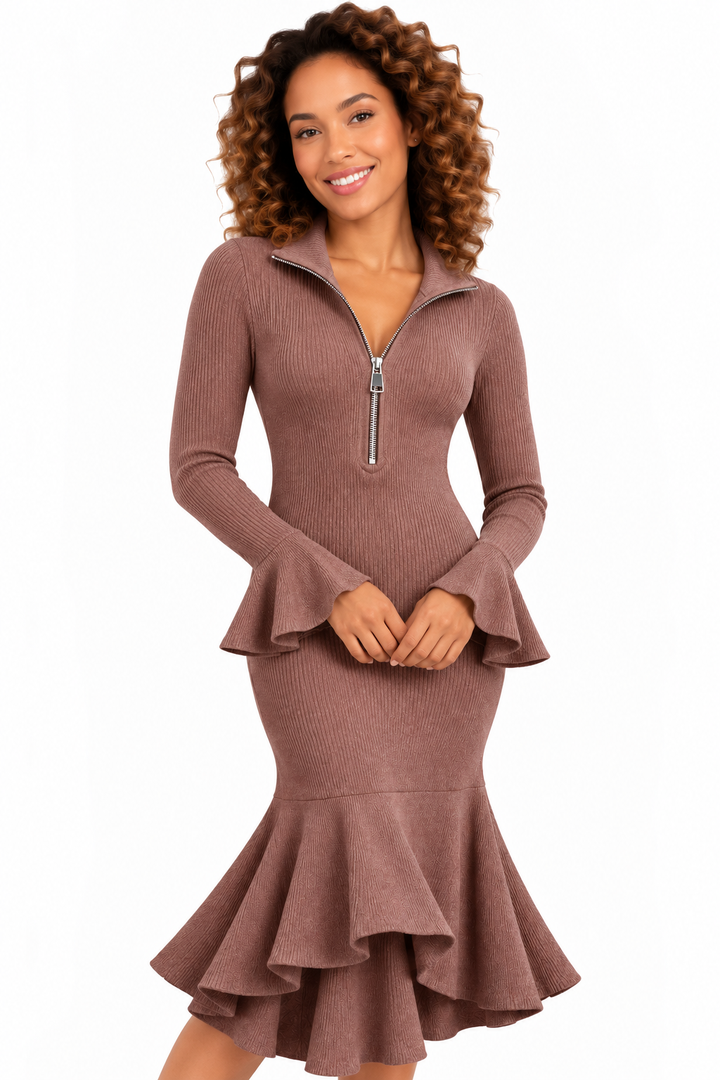 Elise – Elegante Geribde Gebreide Jurk met Ritssluiting en Volants