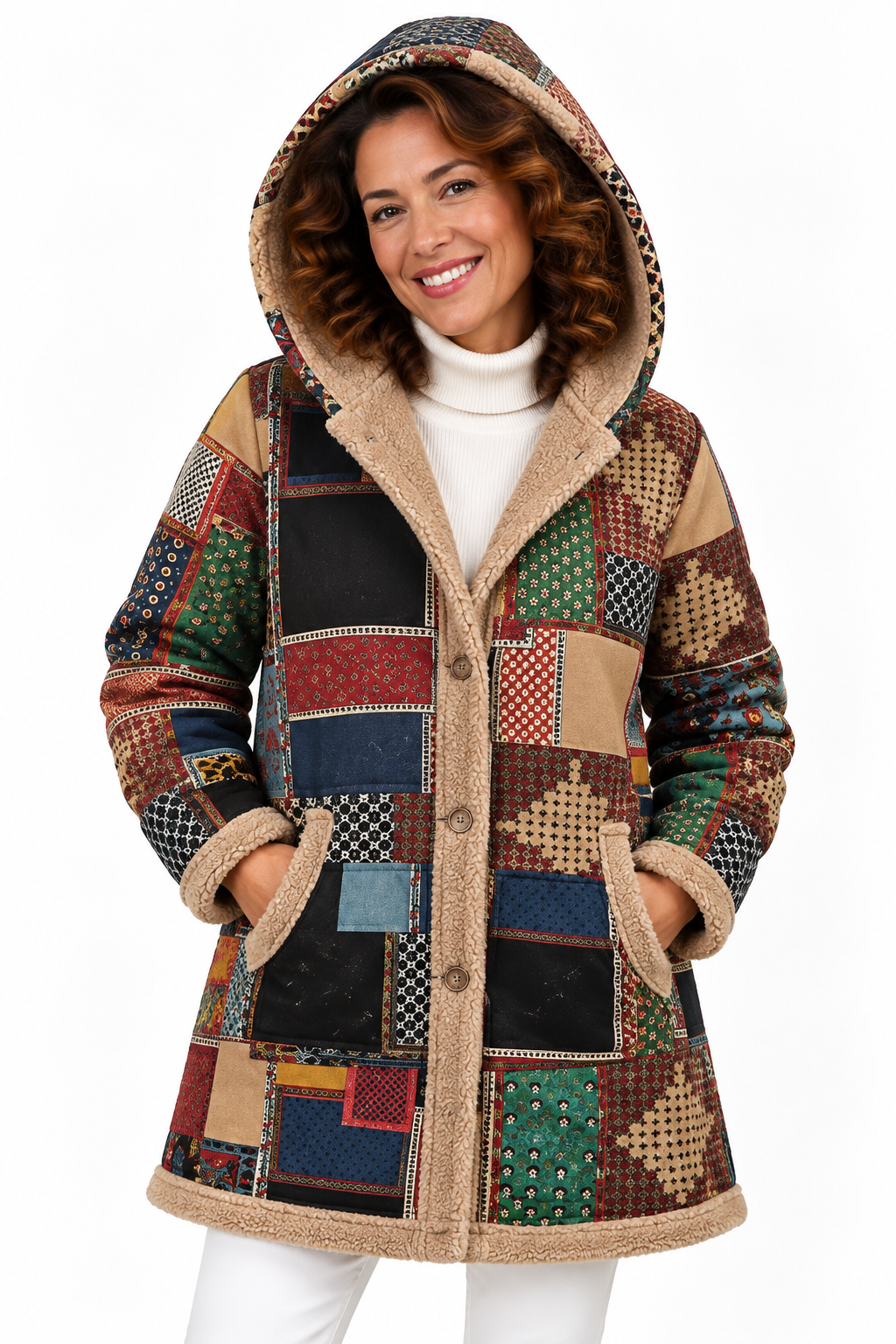 Sophie – Elegante Jas met Patchworkprint en Teddyvoering