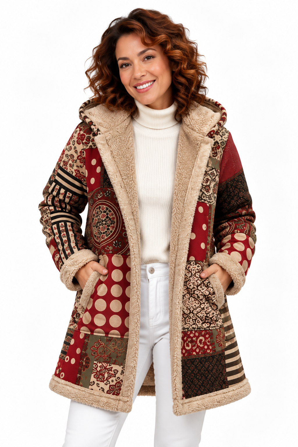 Sophie – Elegante Jas met Patchworkprint en Teddyvoering