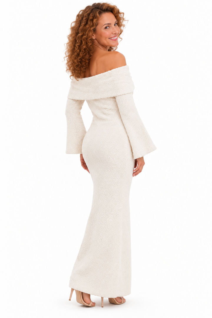 Elise – Elegante Lange Gebreide Jurk met Blote Schouders