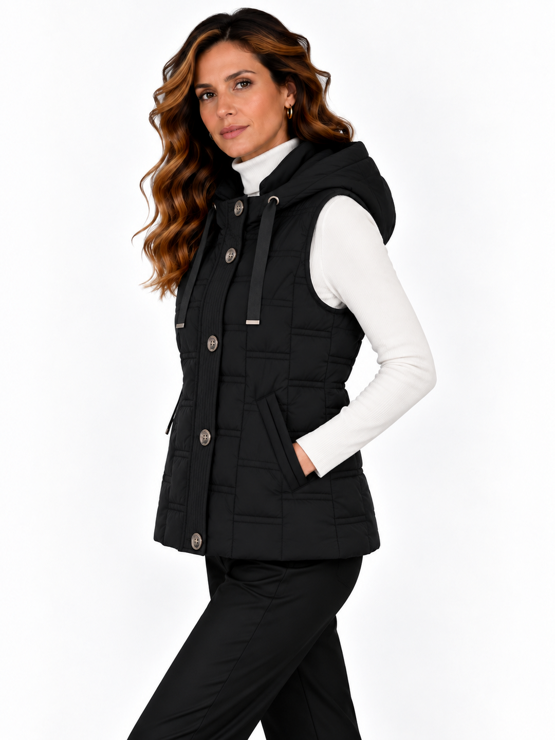 Fenna – Gewatteerde Bodywarmer met Capuchon en Knopen