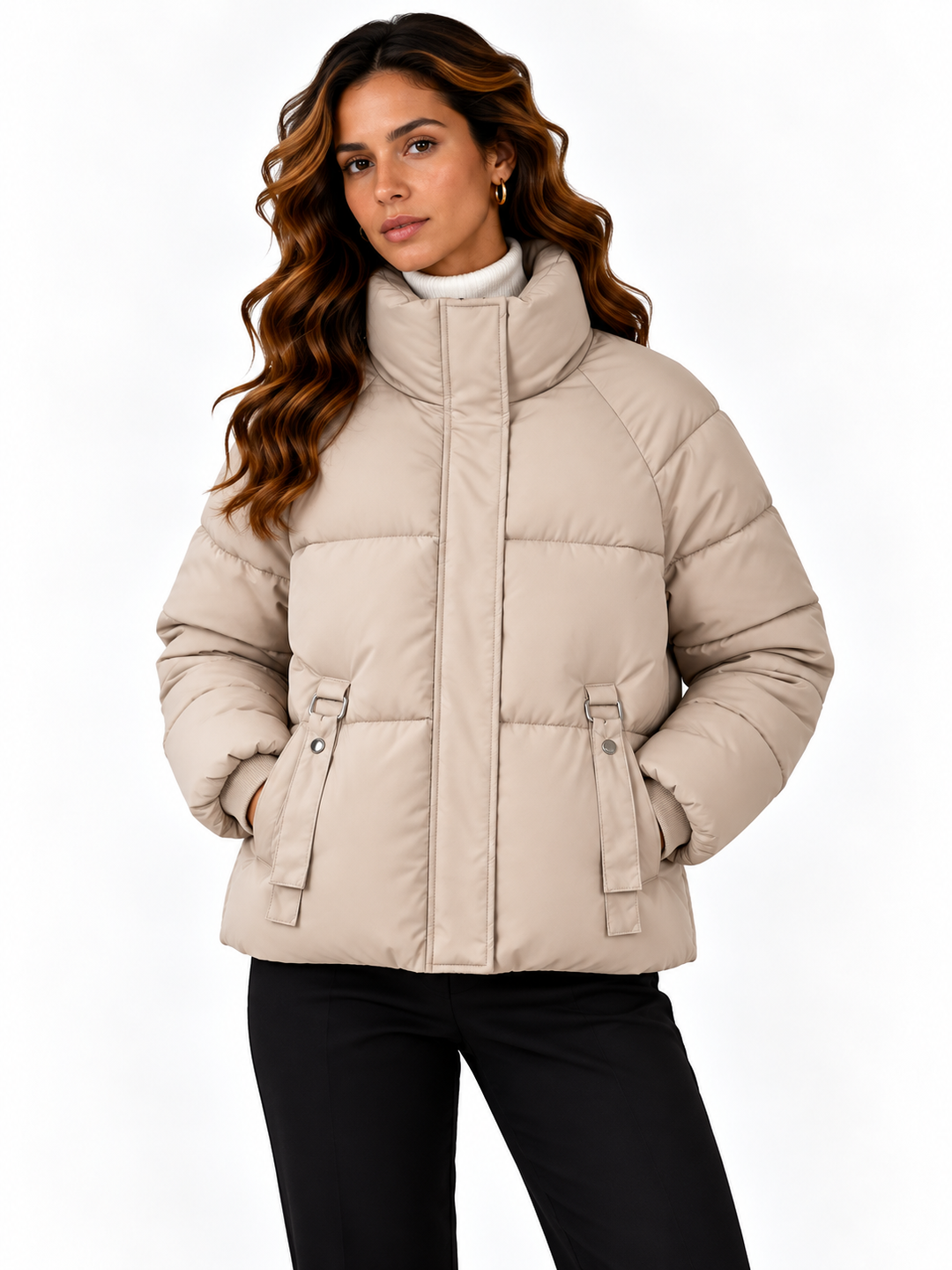Sophie – Gewatteerde Winterjas met Hoge Kraag en Tailleband