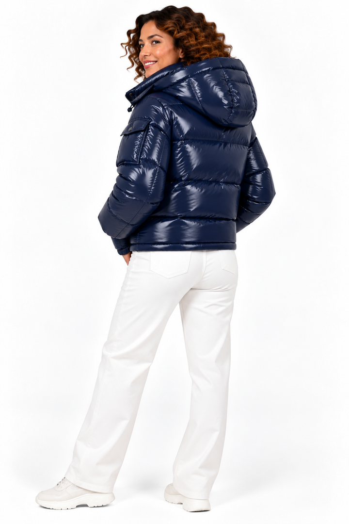 Sophie – Glanzende Gewatteerde Winterjas met Capuchon