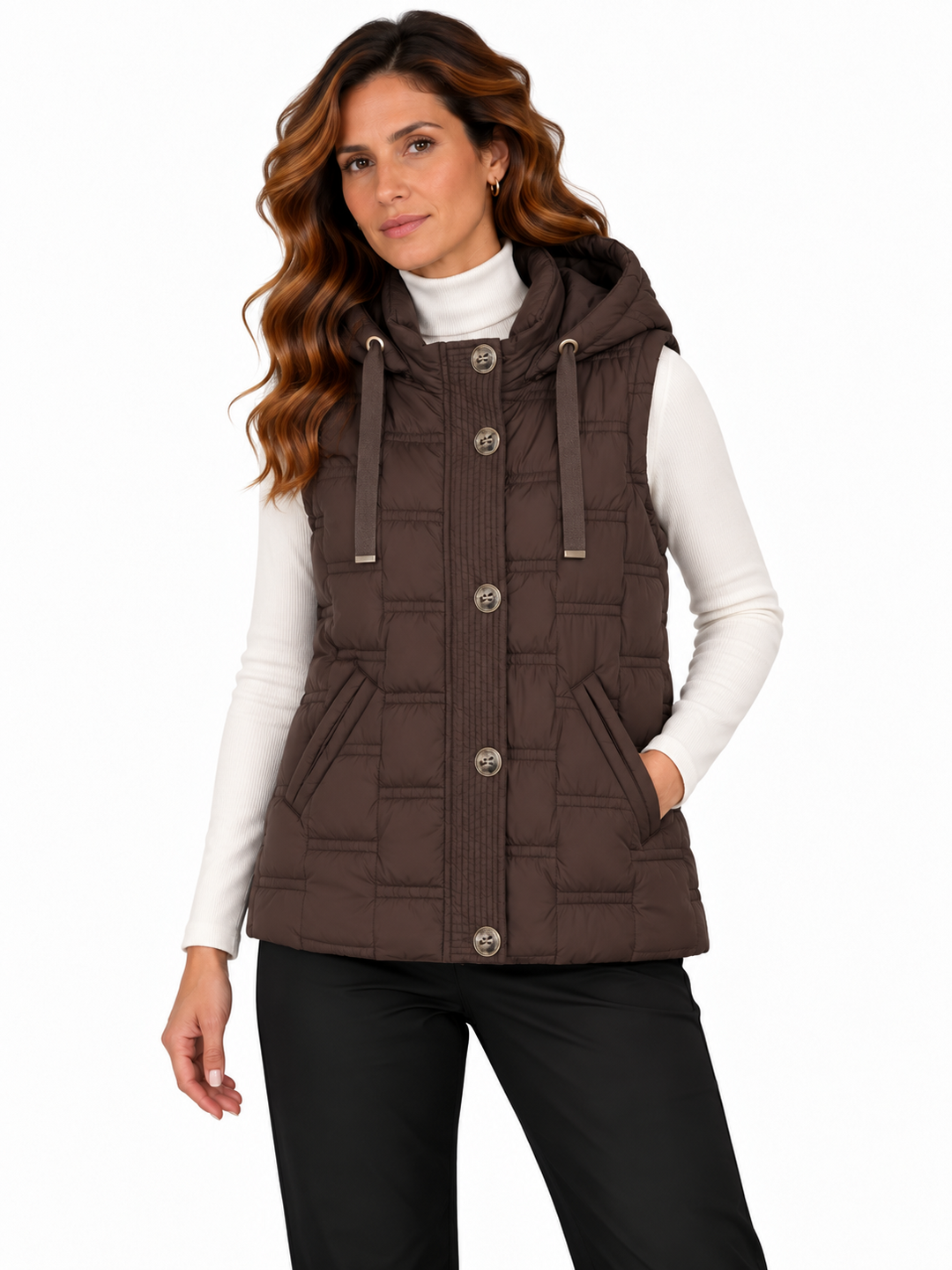 Fenna – Gewatteerde Bodywarmer met Capuchon en Knopen