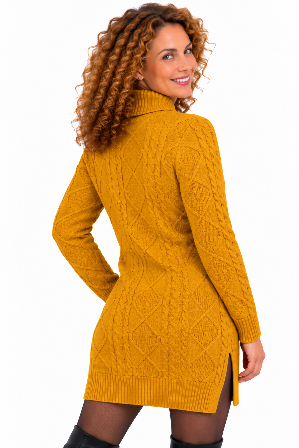 Elise – Elegante Gebreide Jurk met Kabelpatroon en Col