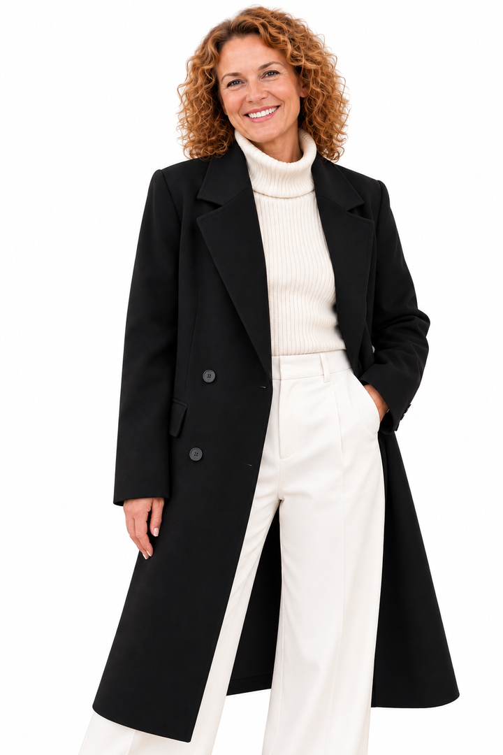 Emma – Lange Elegante Trenchcoat met Dubbele Knopenrij