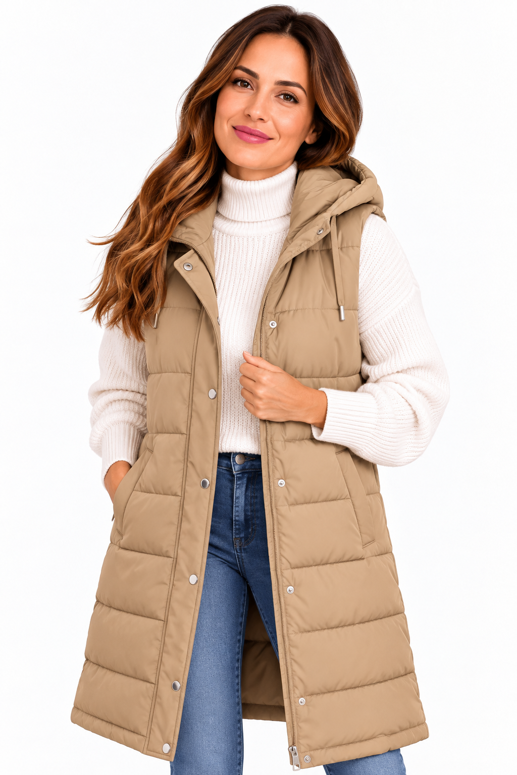 Fenna – Lange Gewatteerde Bodywarmer met Capuchon