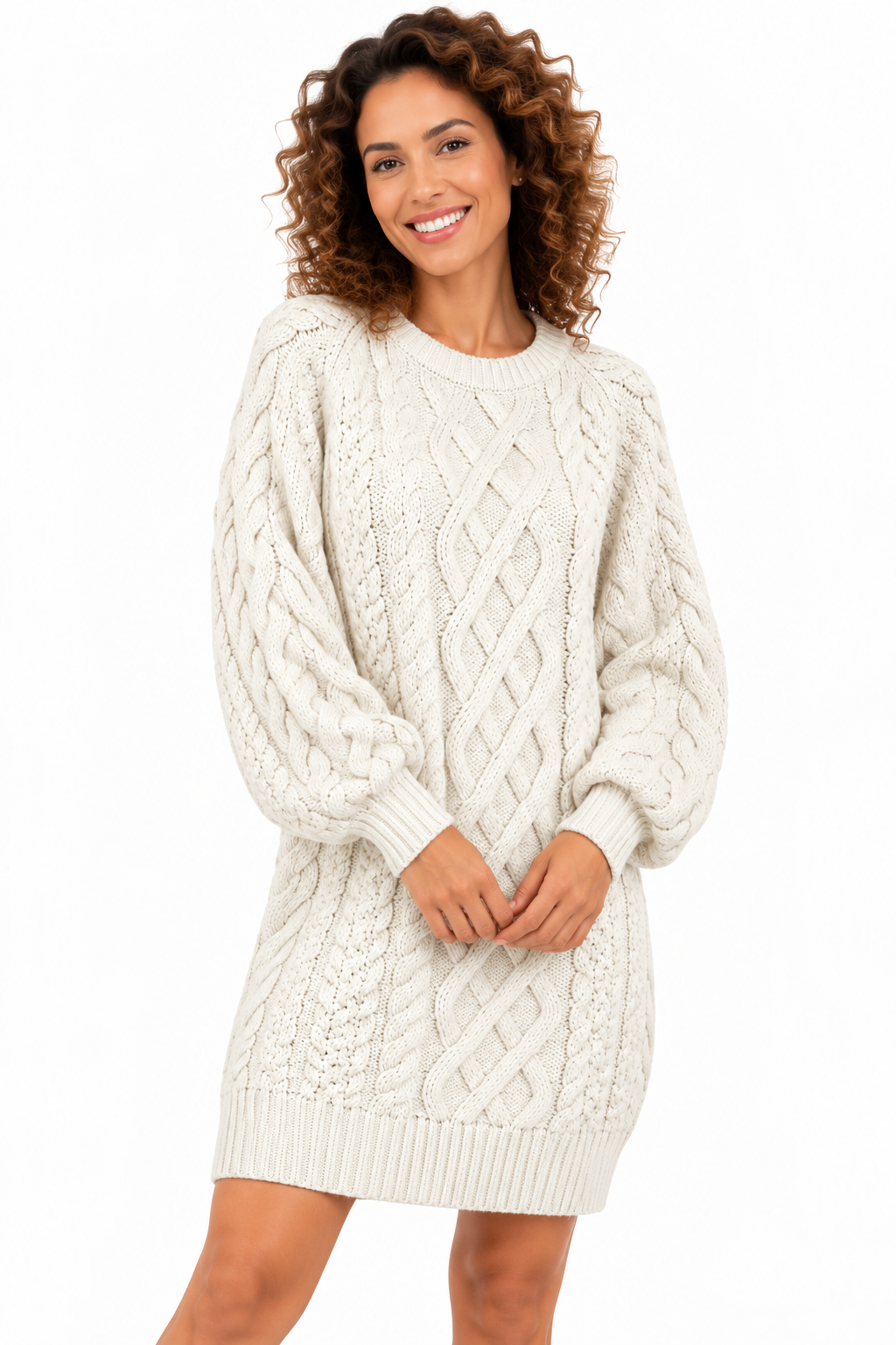 Elise – Gebreide Kabeljurk met Pofmouwen