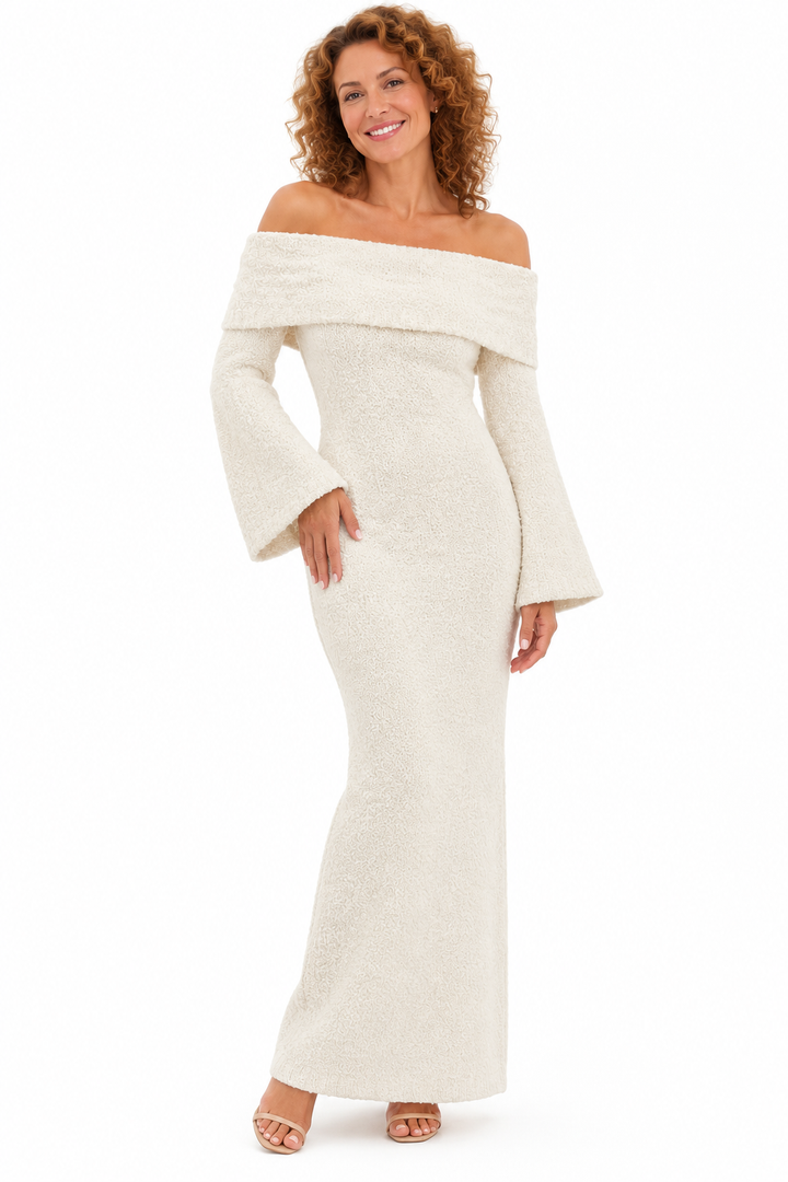 Elise – Elegante Lange Gebreide Jurk met Blote Schouders