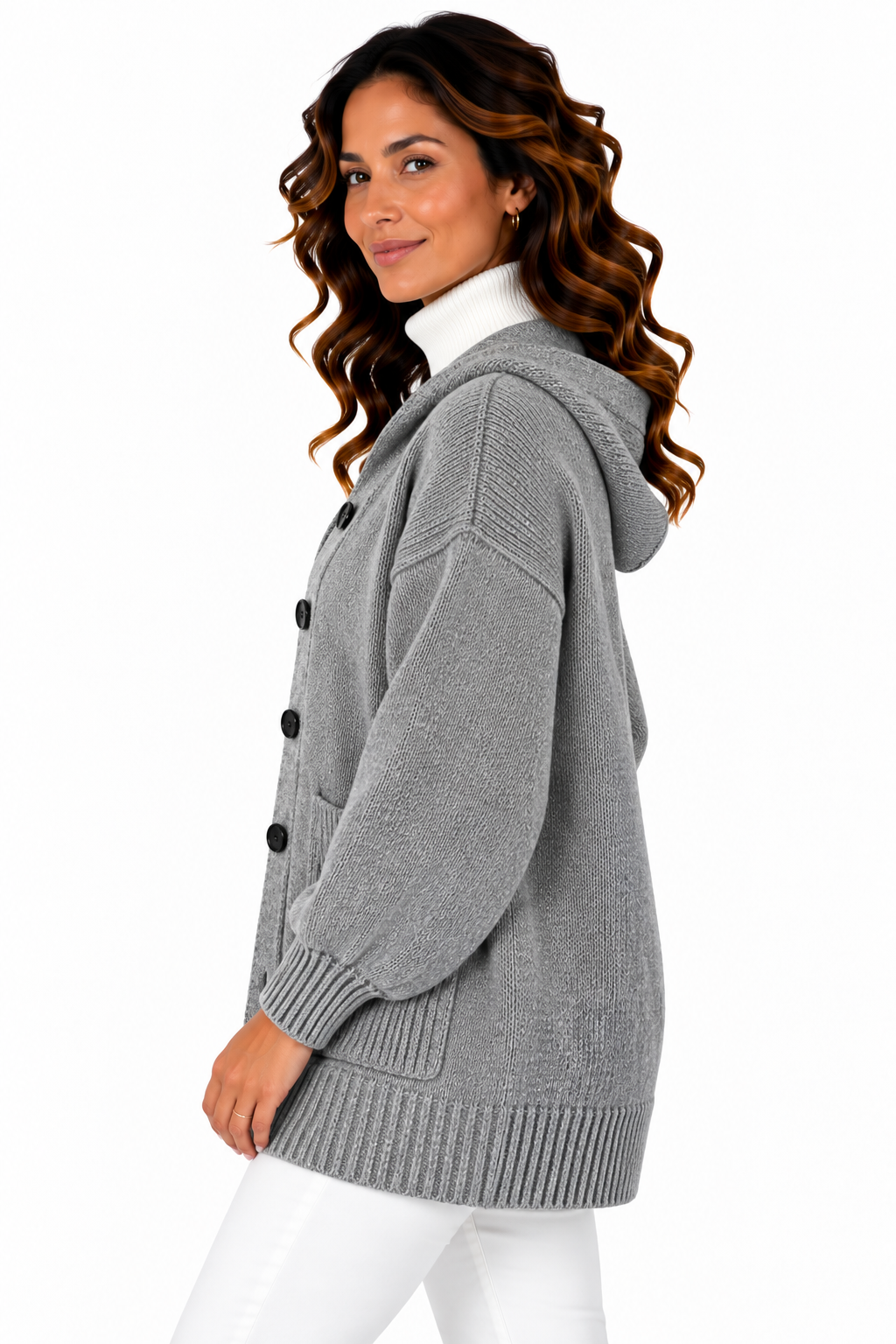 Femke – Lang Gebreid Vest met Capuchon en Knopen