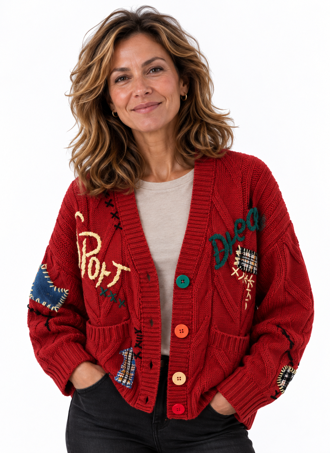Femke – Gebreid Vest met V-Hals en Borduursels