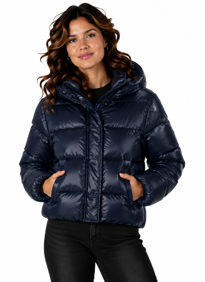 Sophie – Glanzende Gewatteerde Winterjas met Capuchon