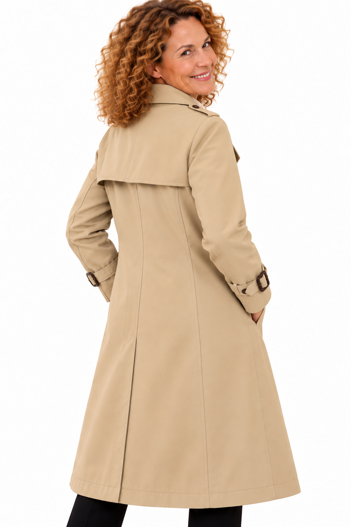 Emma – Lange Elegante Trenchcoat met Dubbele Knopenrij