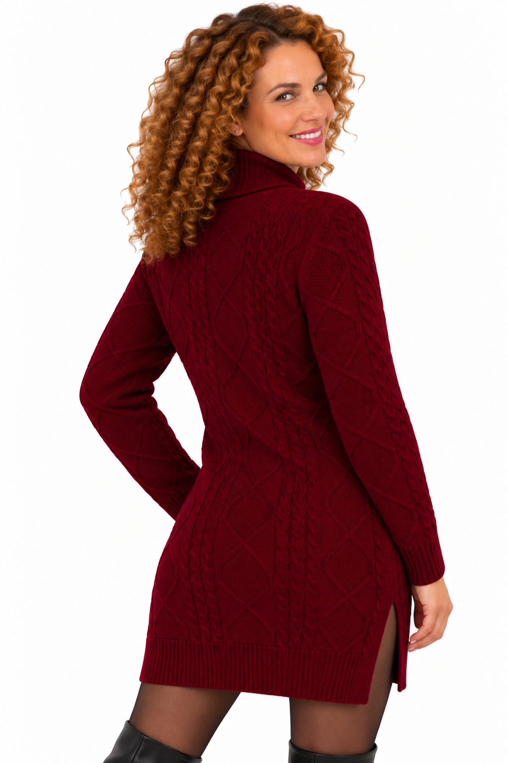 Elise – Elegante Gebreide Jurk met Kabelpatroon en Col