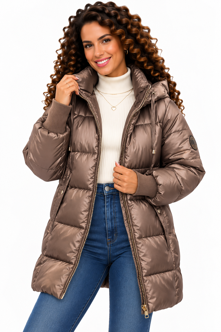 Sophie – Glanzende Gewatteerde Winterjas met Capuchon