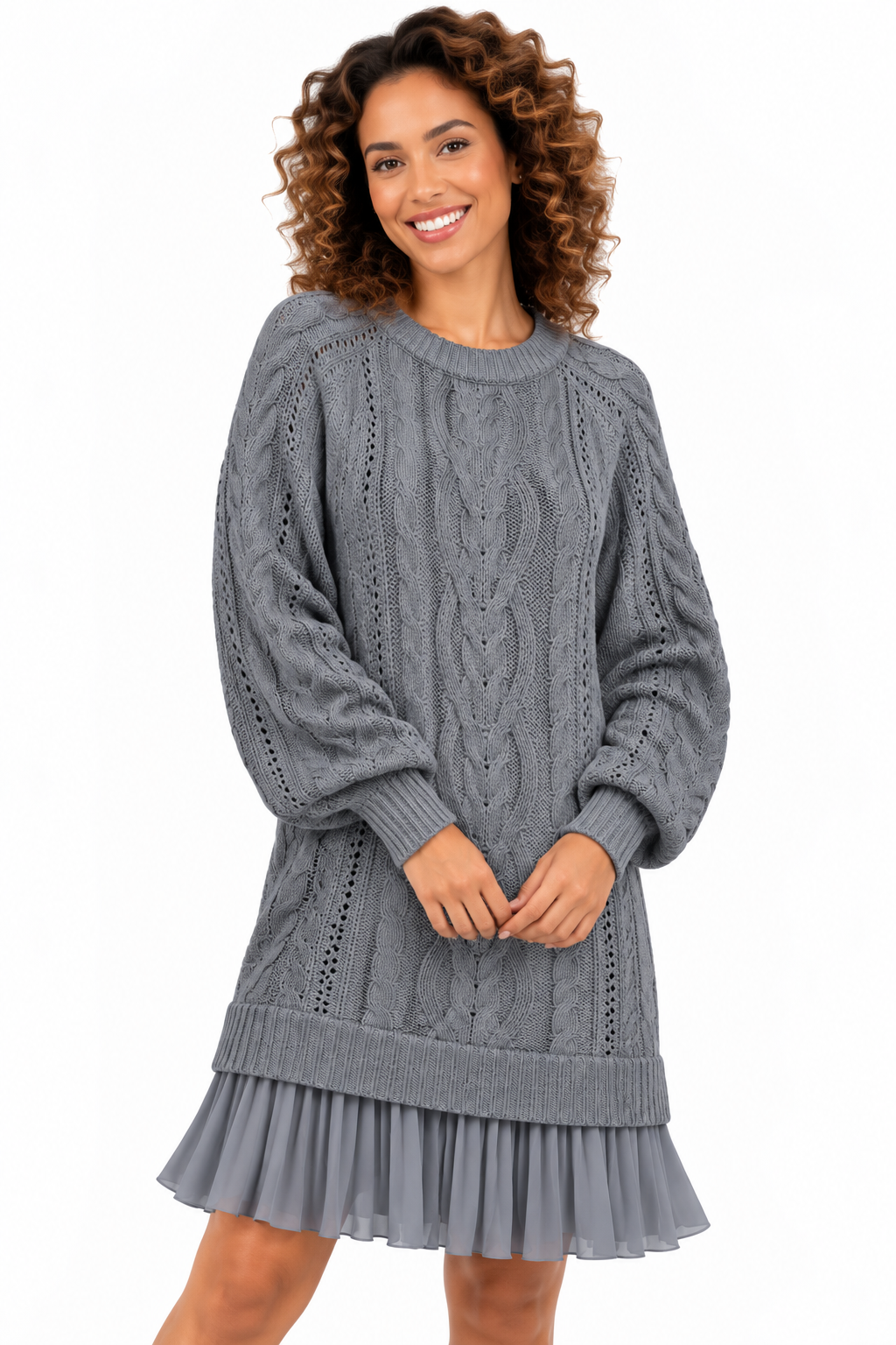 Elise – Elegante Gebreide Kabeljurk met Plissézoom