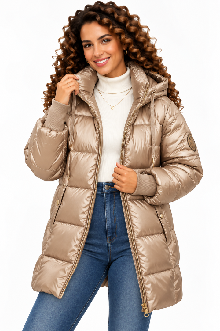 Sophie – Glanzende Gewatteerde Winterjas met Capuchon
