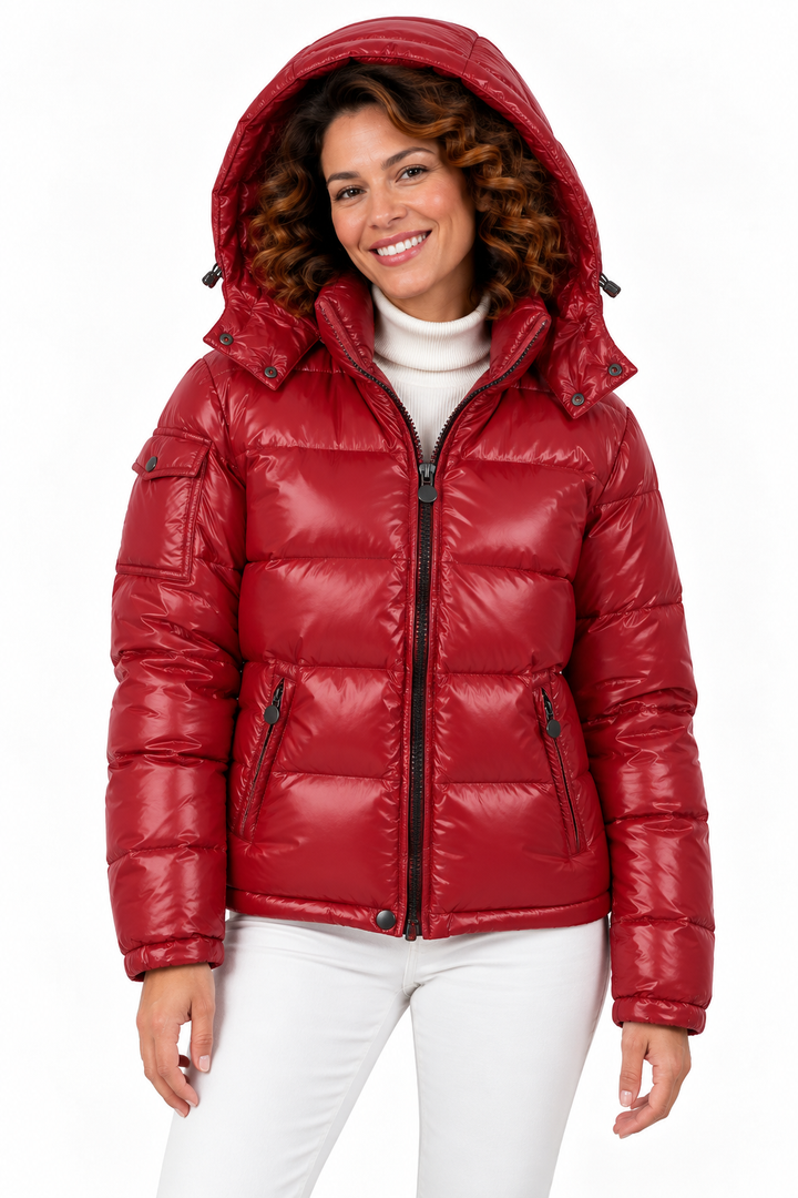 Sophie – Glanzende Gewatteerde Winterjas met Capuchon