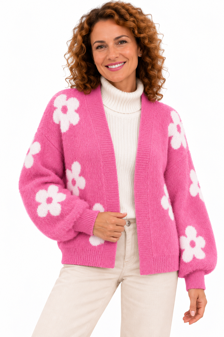 Femke – Zacht Gebreid Vest met Bloemenpatroon