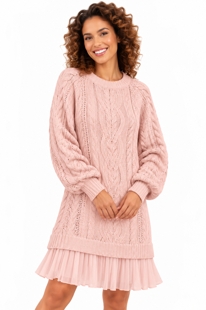 Elise – Elegante Gebreide Kabeljurk met Plissézoom