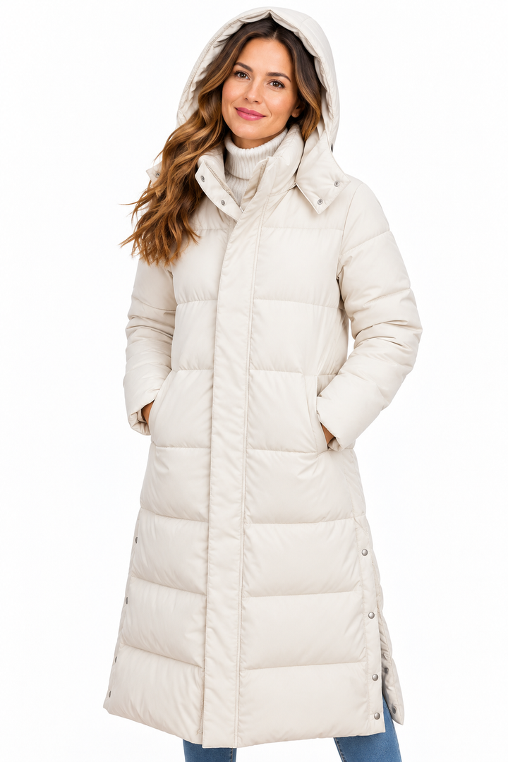 Sophie – Lange Gewatteerde Winterjas met Capuchon