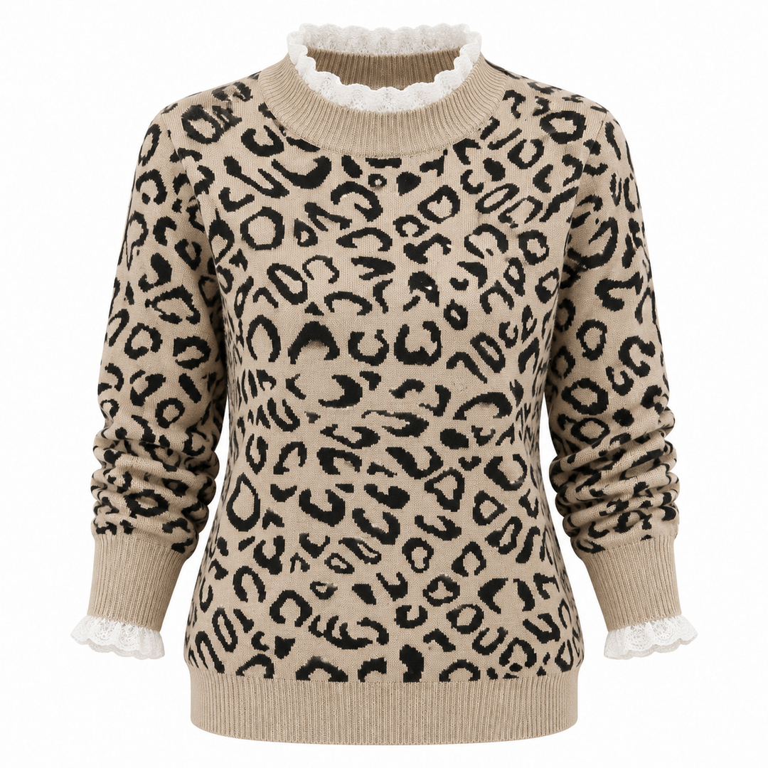 Lotte – Gebreide Trui met Luipaardprint en Kanten Details