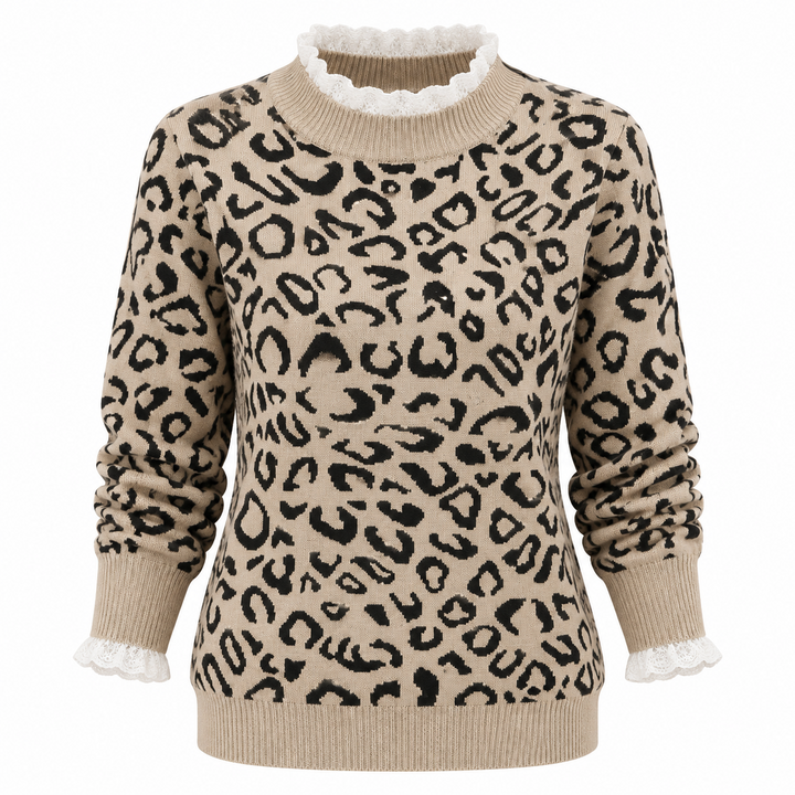 Lotte – Gebreide Trui met Luipaardprint en Kanten Details