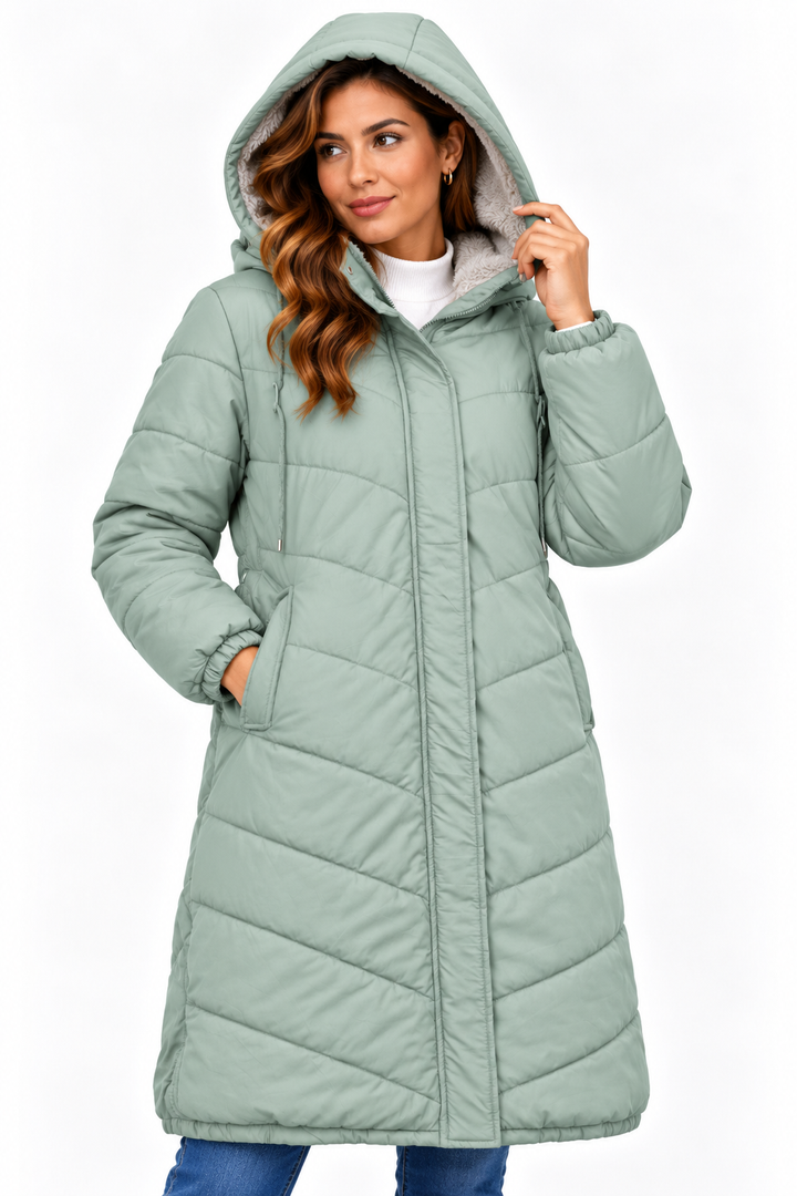 Sophie – Lange Gewatteerde Winterjas met Capuchon