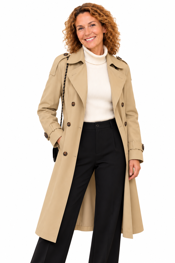 Emma – Lange Elegante Trenchcoat met Dubbele Knopenrij