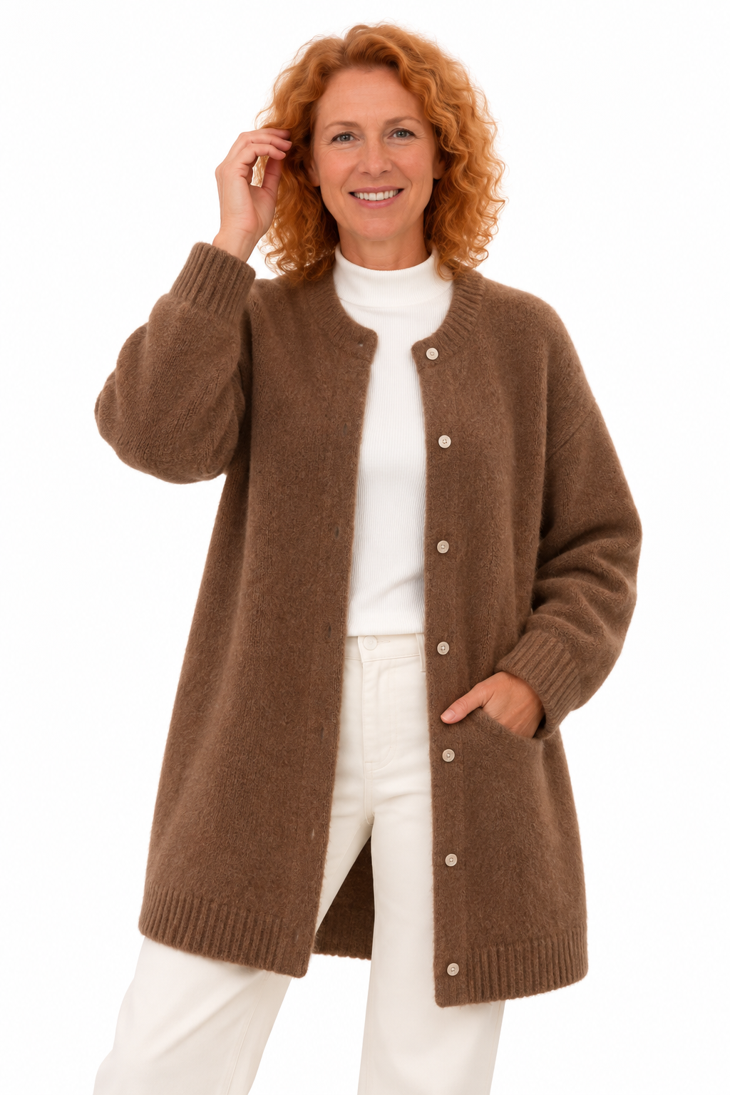 Femke – Lang Zacht Gebreid Vest met Knopen