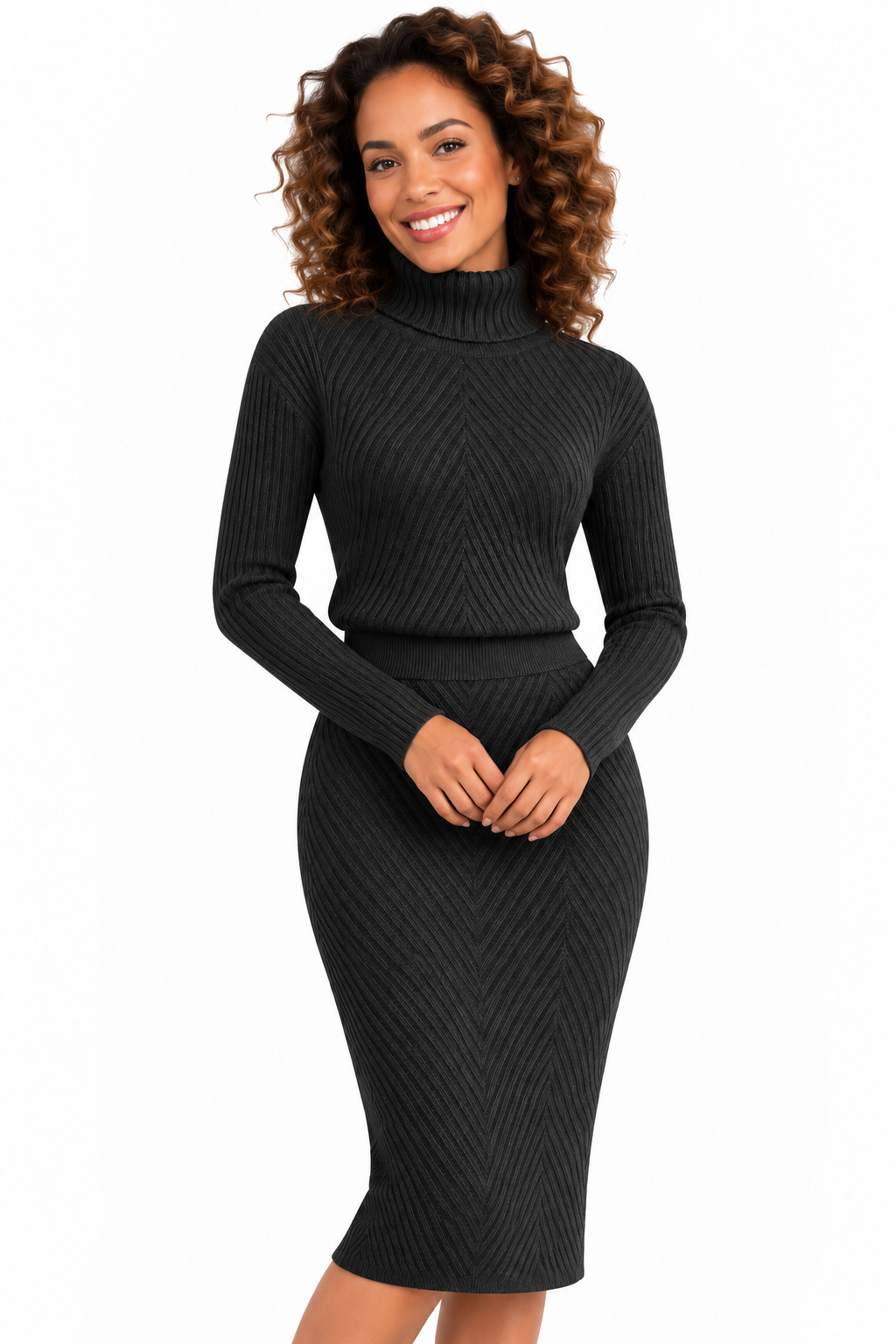 Elise – Elegante Geribde Gebreide Midi-Jurk met Col