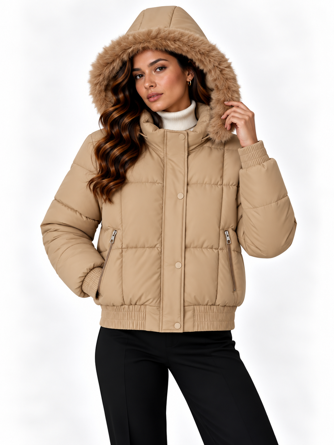 Sophie – Gewatteerd Bomberjack met Capuchon en Bontafwerking