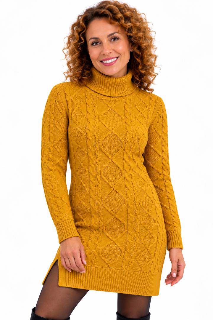 Elise – Elegante Gebreide Jurk met Kabelpatroon en Col