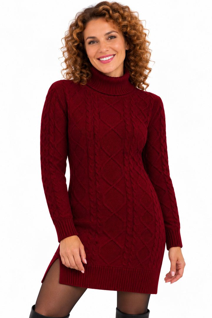 Elise – Elegante Gebreide Jurk met Kabelpatroon en Col