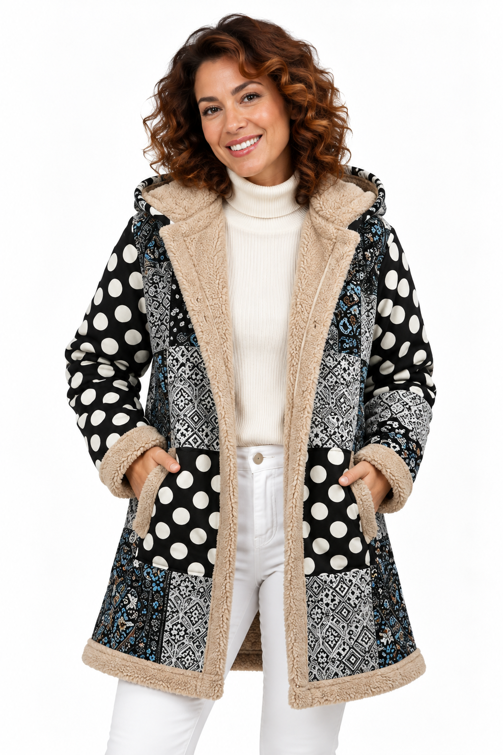 Sophie – Elegante Jas met Patchworkprint en Teddyvoering