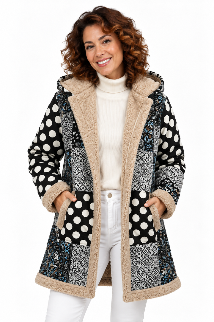 Sophie – Elegante Jas met Patchworkprint en Teddyvoering