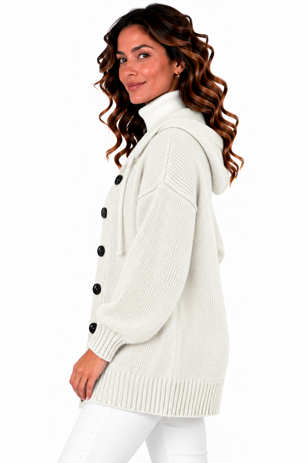 Femke – Lang Gebreid Vest met Capuchon en Knopen