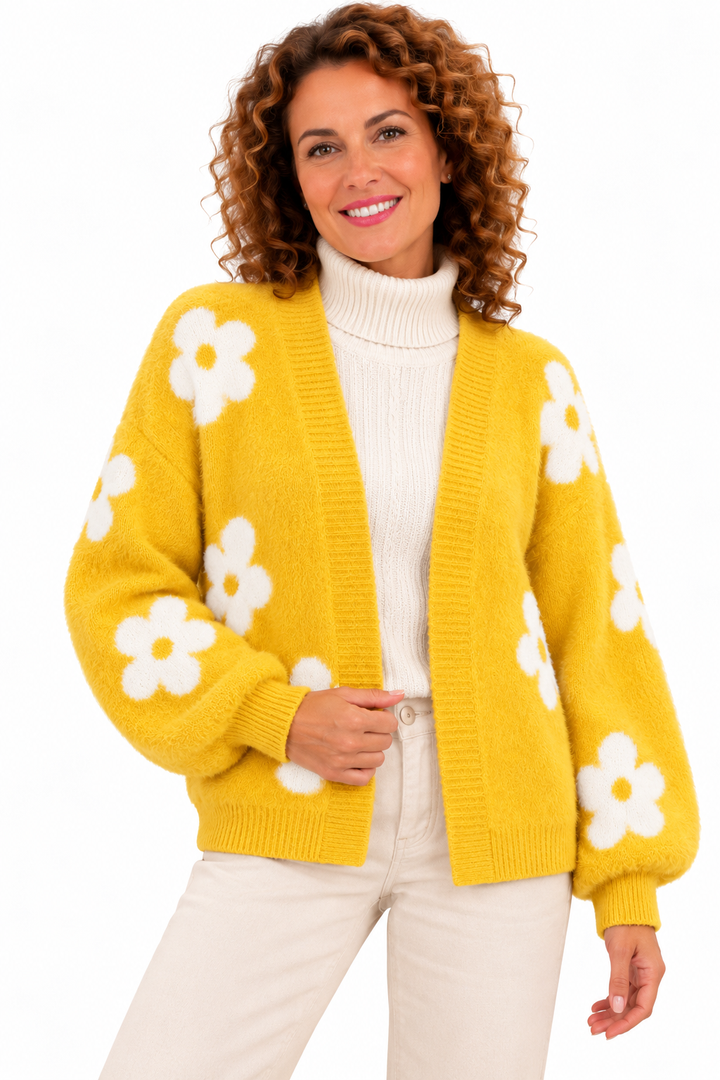 Femke – Zacht Gebreid Vest met Bloemenpatroon