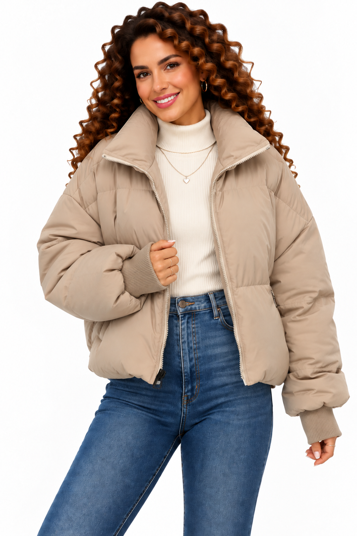 Sophie – Kort Gewatteerd Winterjack met Hoge Kraag