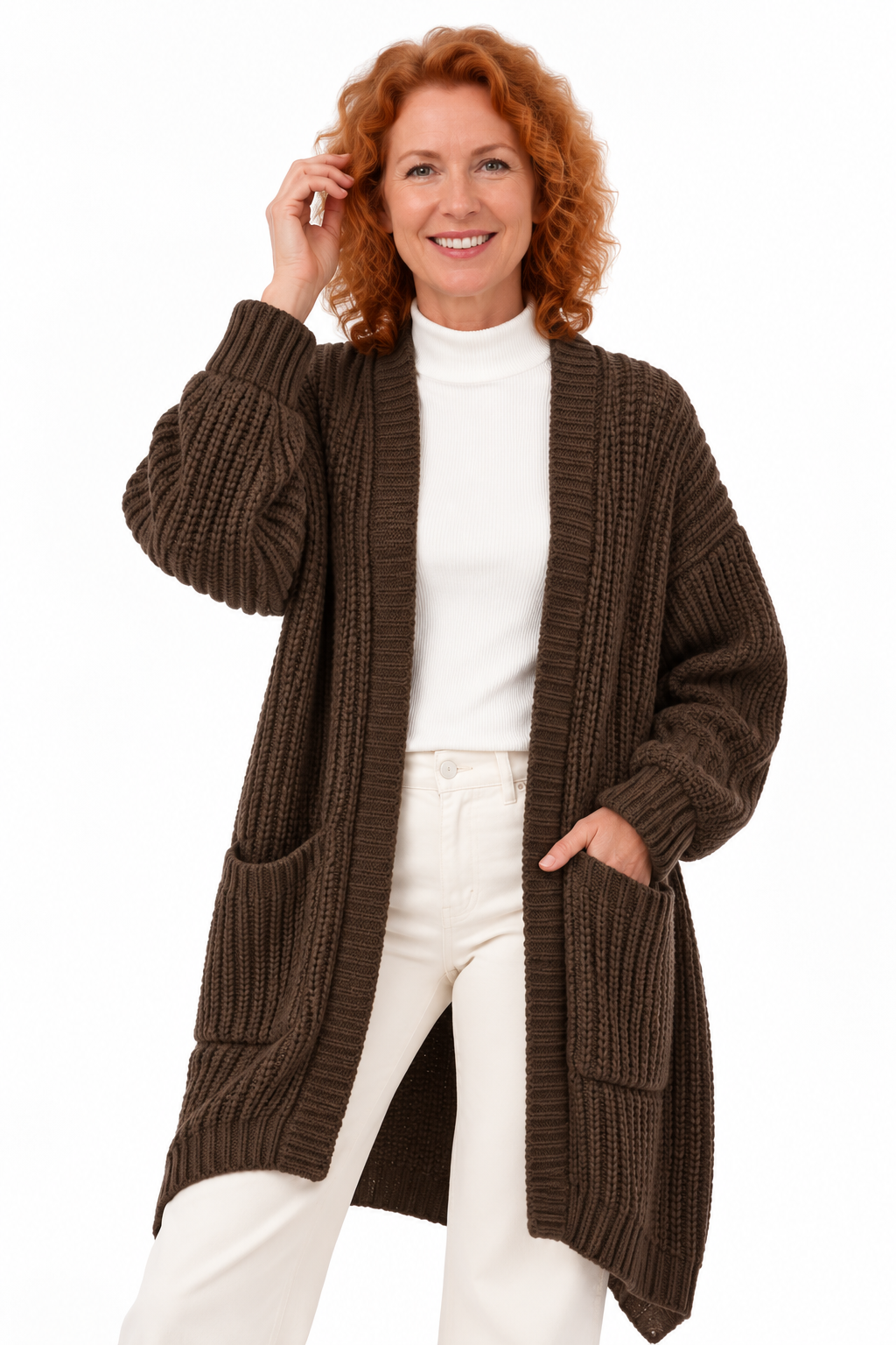 Femke – Lang Gebreid Vest met Zakken
